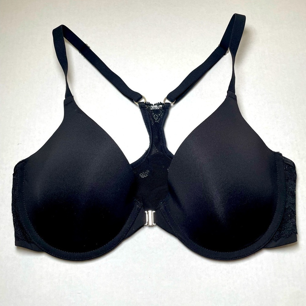 Montelle Racerback T-Shirt Bra 34D Front Closure Lace Detail Molded Cups Black